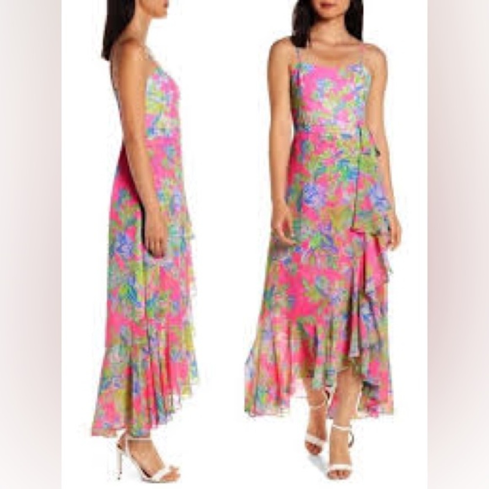 Lilly Pulitzer Anni Maxi Dress Squeeze The Day Pink Wrap Blue Straps Bow 6